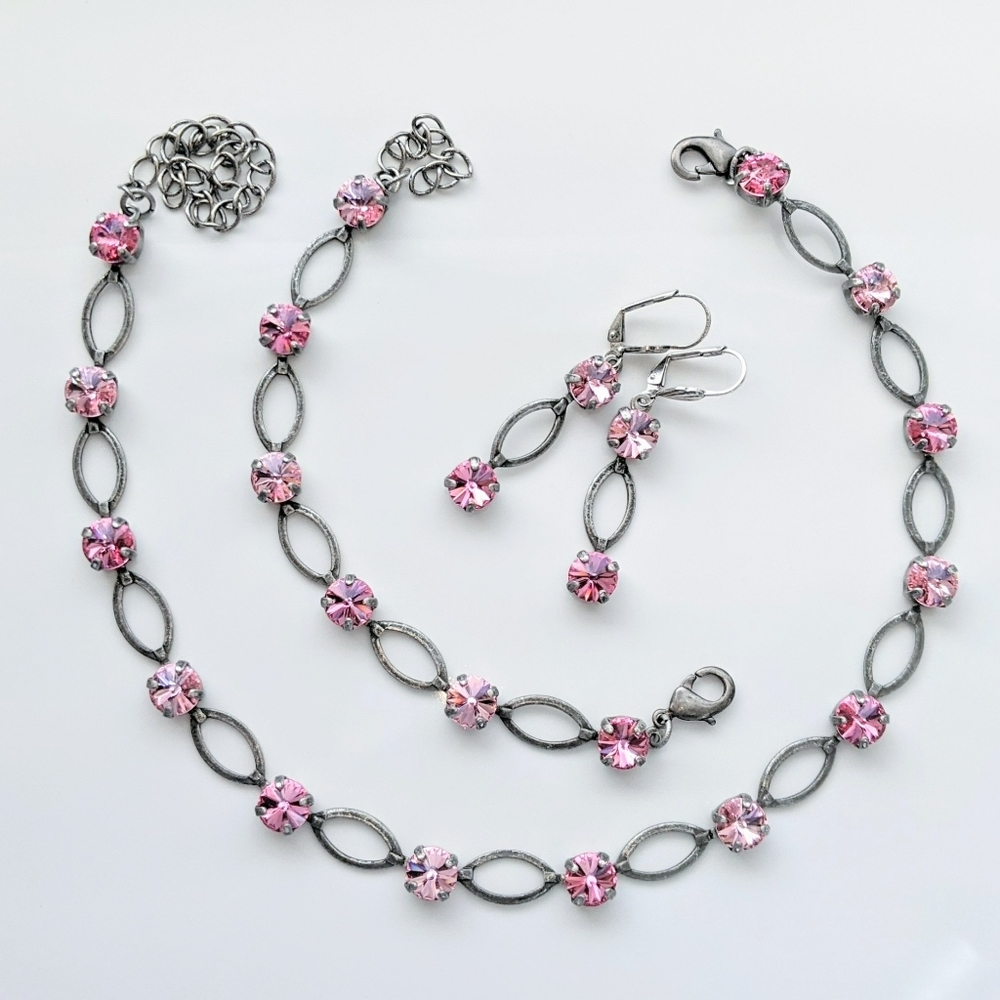 Handmade Swarovski Crystal Set- Necklace, Bracelet, Earrings Pink Gemstones